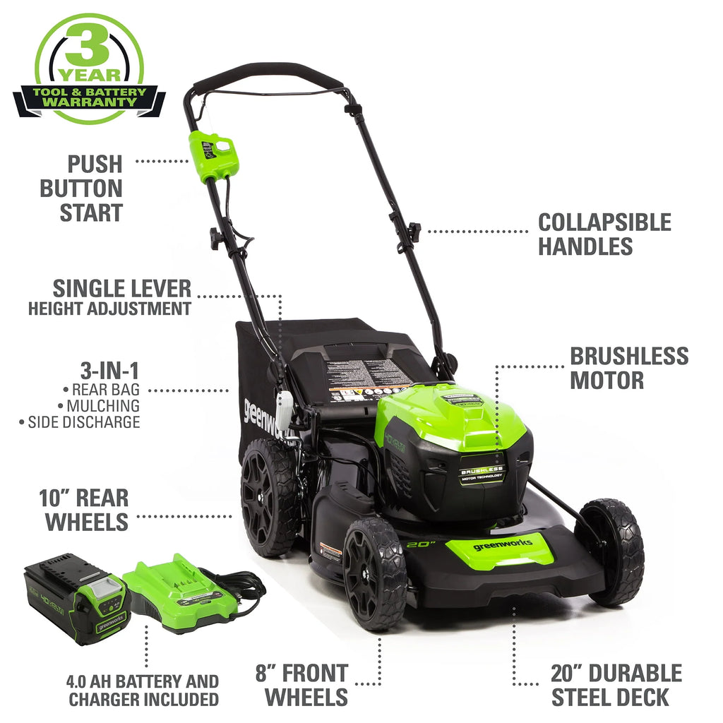 Greenworks 40V 20" Brushless Push Lawn Mower with Battery & Charger Z368