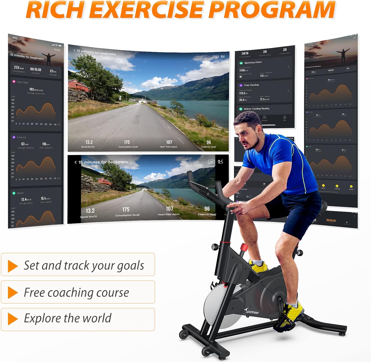 Sportneer Exercise Bike, Indoor Cycling Bike with Magnetic Resistance, Bluetooth & APP, 300 lb Capacity, Black B801