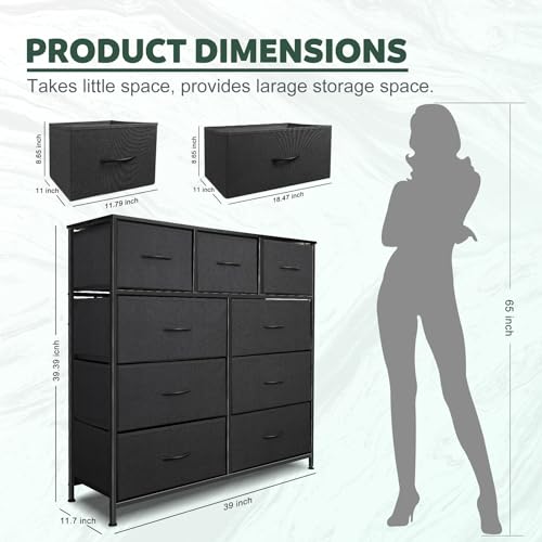 9 Drawer Dresser for Bedroom, Charcoal Black Fabric Storage Chest K84969