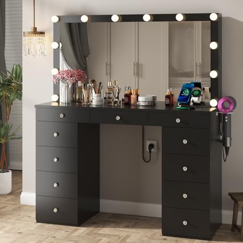 Likein Vanity Desk with Mirror and Lights, White Makeup Dressing Table with 11 Drawers G1478