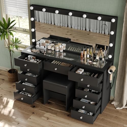 Vanity Desk with Power Outlet, LED Mirror, 11 Drawers and Chair, White H391193