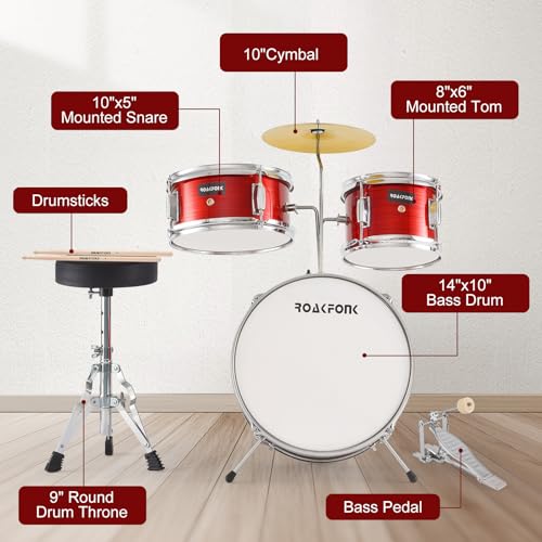 3 Piece Kids Drum Set with Throne, 14'' Bass Drum, Adjustable Seat W12582