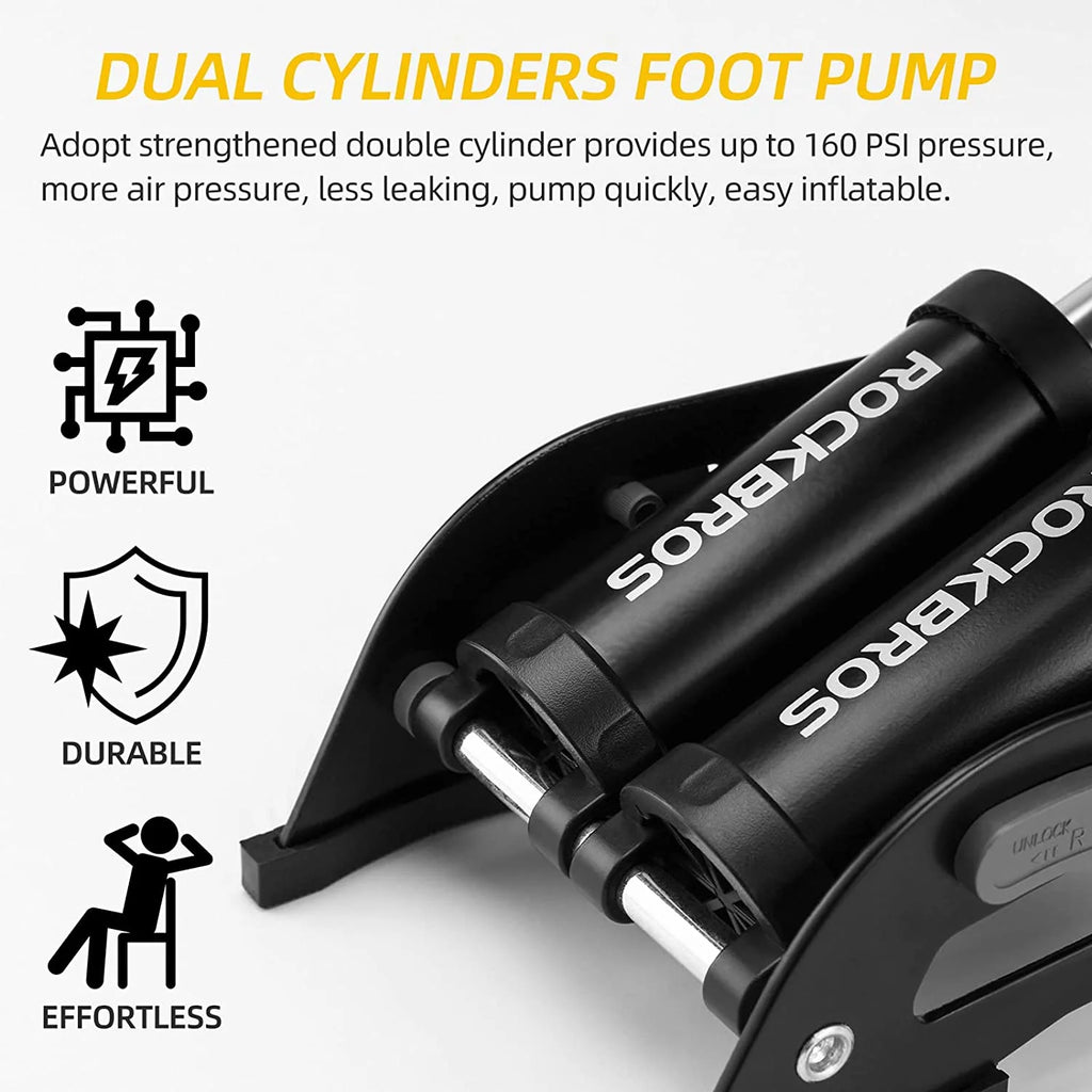 ROCKBROS Bike Foot Pump with Precision Pressure Gauge, 160 PSI Double Cylinder G707