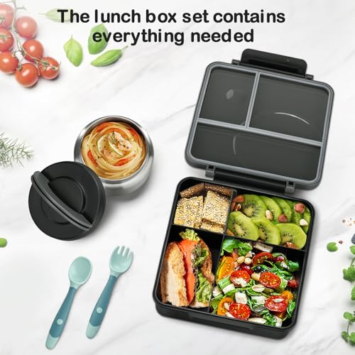Bento Lunch Box Set for Kids with Soup Thermo, Leak-Proof, 4 Compartment, Black W97698