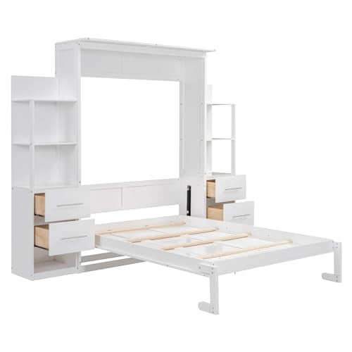 MERITLINE Queen Murphy Bed with Storage Drawers, LED Lights and Shelves, Grey P714