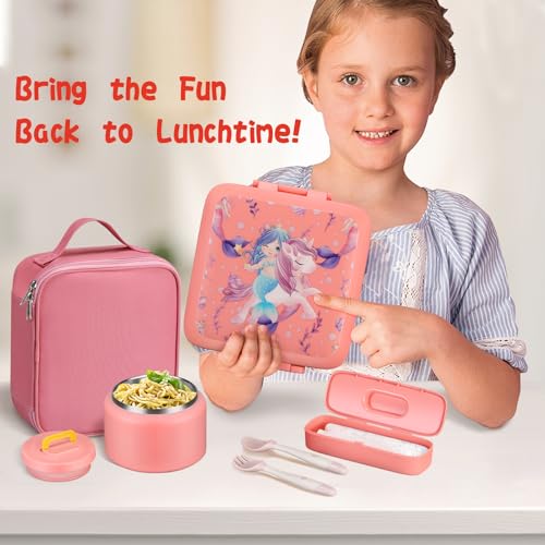 Bento Lunch Box for Kids with 5 Compartments and Thermos, Blue Dinosaur G749