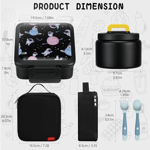 Bento Lunch Box for Kids with 5 Compartments and Thermos, Blue Dinosaur G749