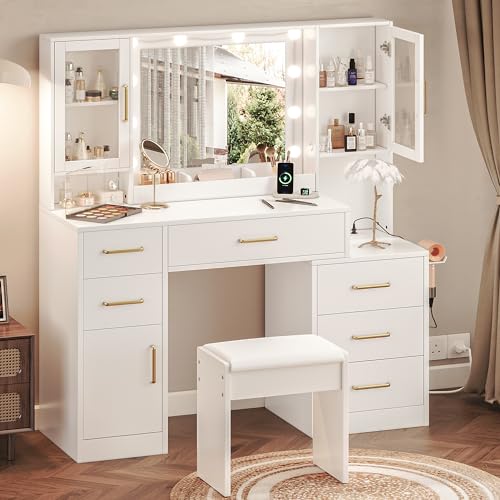White Makeup Vanity Desk with Charging Station and Lights K58637
