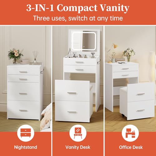 Compact Vanity with 3 Drawers, Makeup Desk with Lighted Mirror and Stool, White P76418