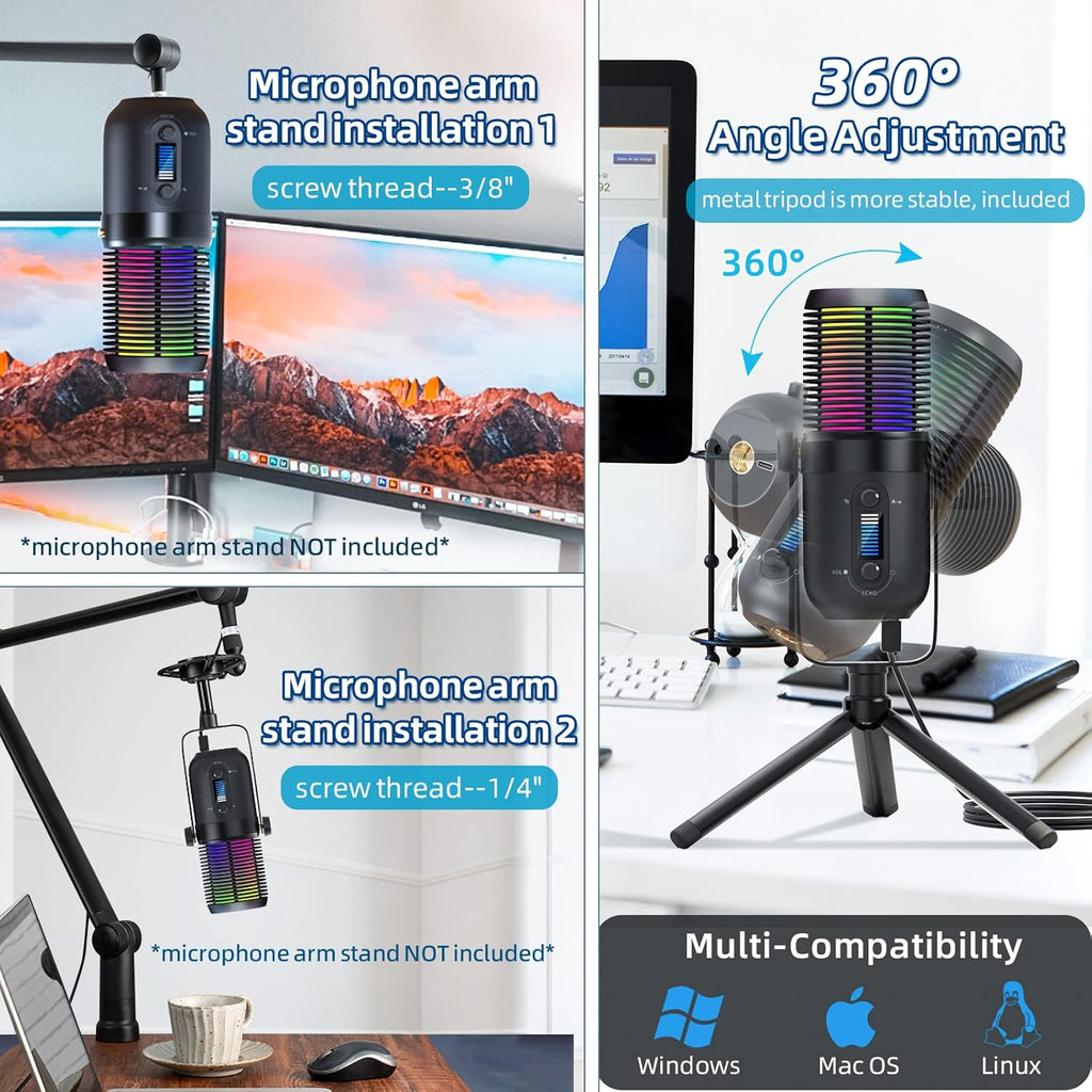 RGB Gaming USB Microphone with Tripod Stand for Streaming and Podcasting, 2 Pack V909177