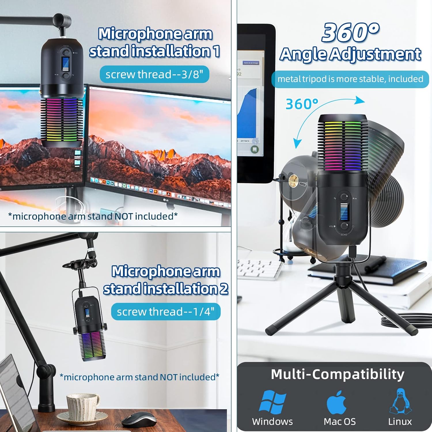 RGB Gaming USB Microphone with Tripod Stand for Streaming and Podcasting, 2 Pack V909177