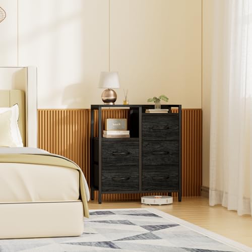 Furnulem 5 Drawer Black Fabric Dresser for Bedroom with Metal Frame D6974