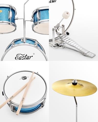 Eastar 3-Piece Kids Drum Kit for Beginners, 14 Inch, Metallic Sky Blue Y27429
