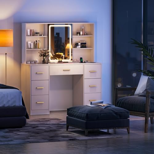 Large Vanity Desk with Mirror and Lights, 7 Drawers, White T162772