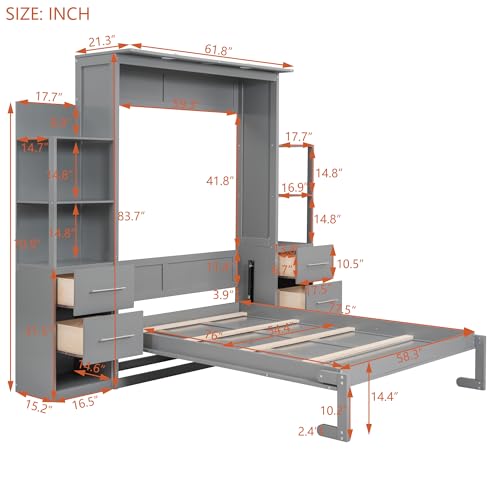 MERITLINE Queen Murphy Bed with Storage Drawers, LED Lights and Shelves, Grey P714