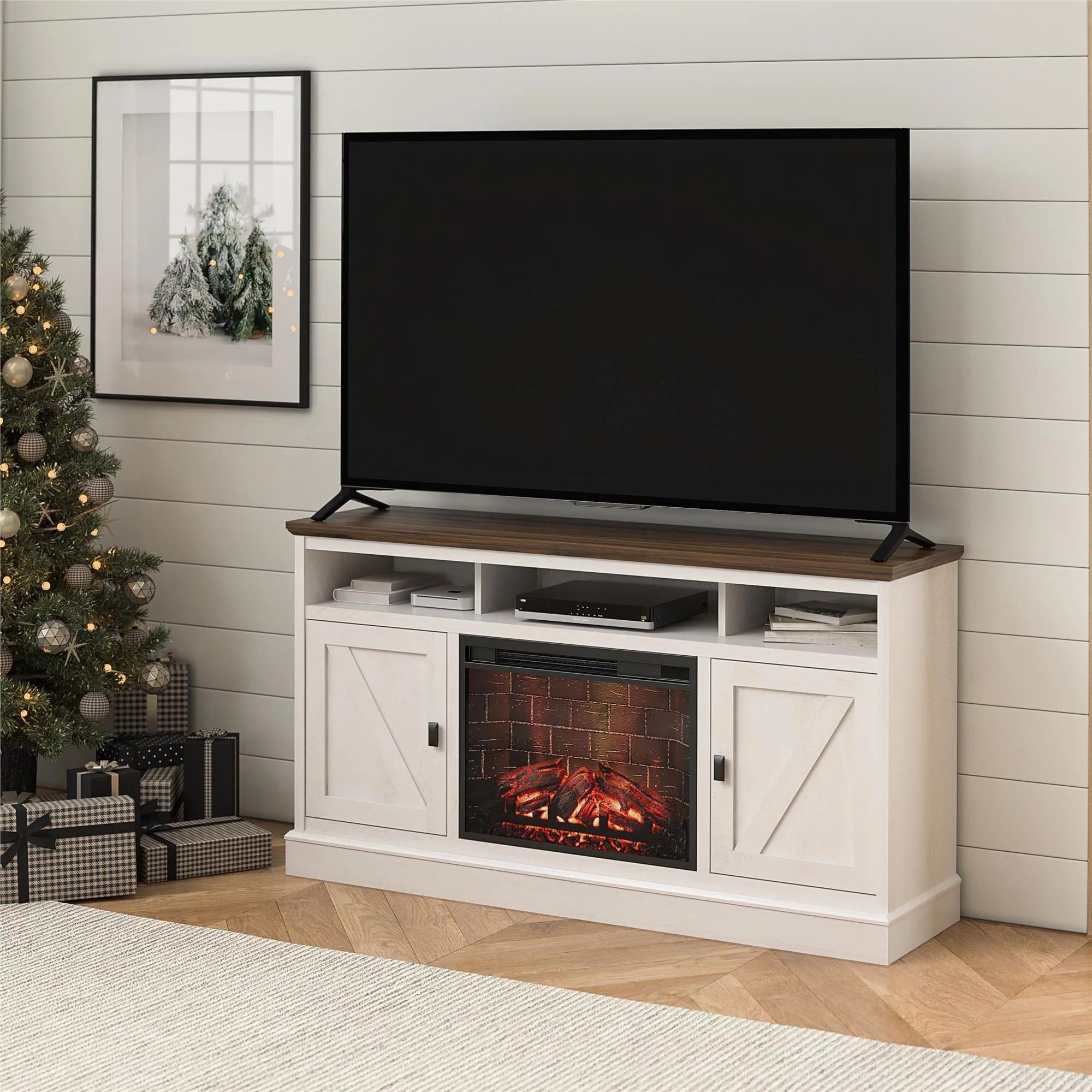 Ameriwood Home Ashton Lane Electric Fireplace TV Stand for TVs up to 65, Black Oak D206311