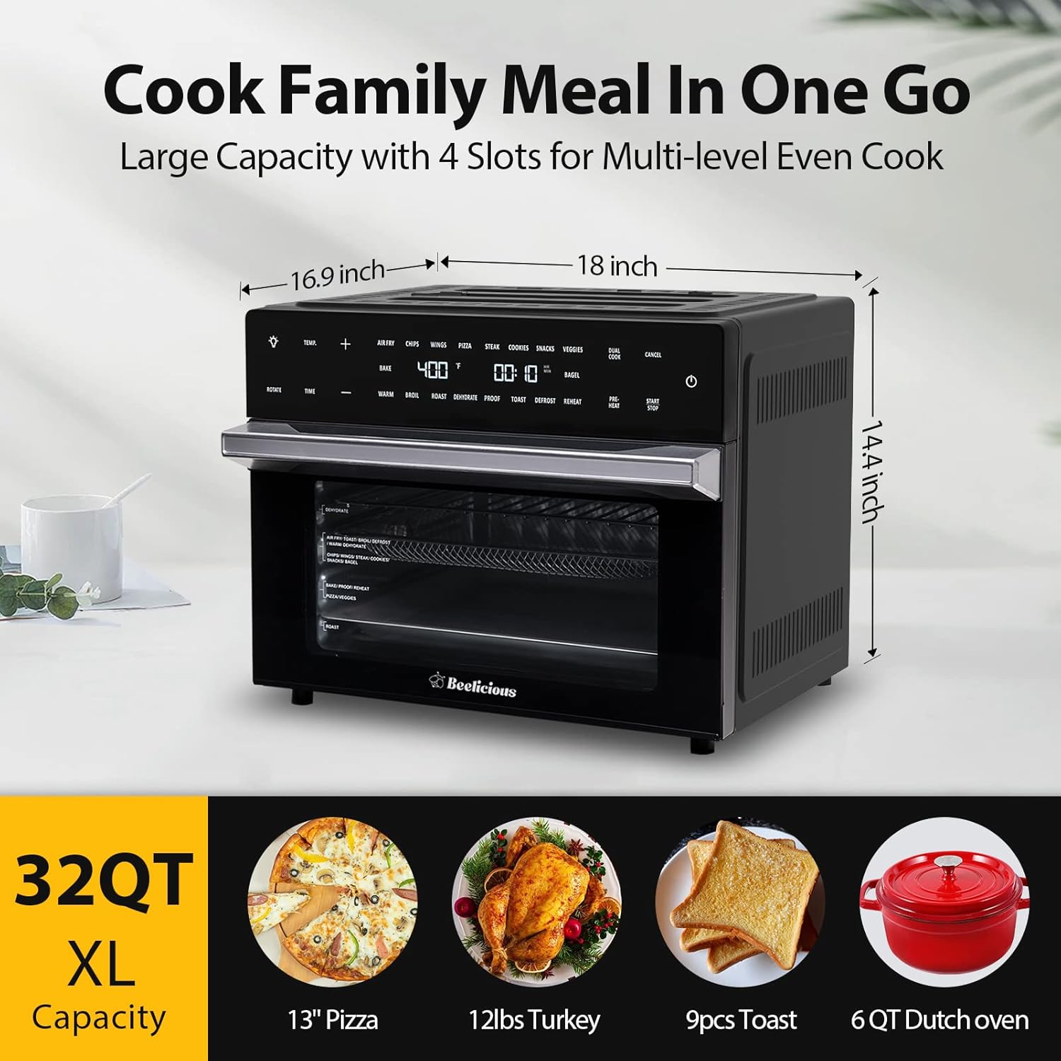 Beelicious Smart Oven Air Fryer, 32QT Extra Large Combo with Rotisserie and Dehydrator, Black F47198