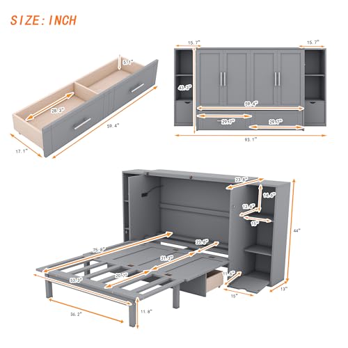 Queen Size Murphy Wall Bed with Storage and Bookcase Headboard, Solid Wood, White F901