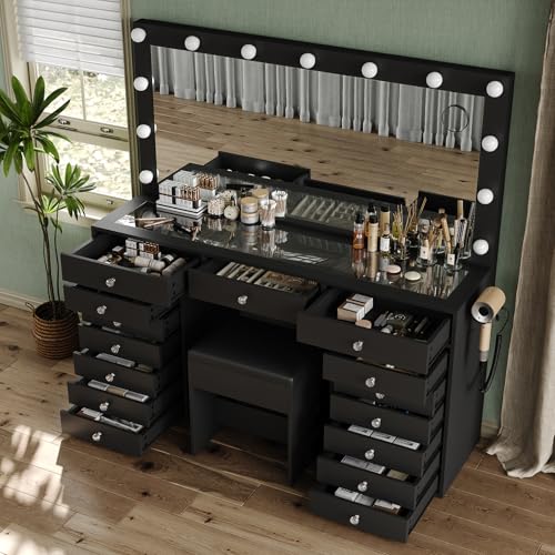 55" Vanity Desk with Charging Station and Lighted Mirror, Black Z765
