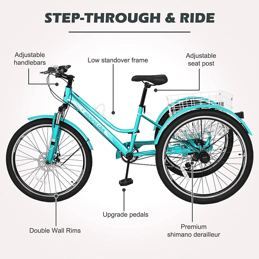 Slsy Mountain Tricycle for Adults, 7 Speed Three Wheel Bike with Cargo Basket I576