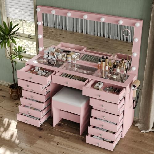 55" Vanity Desk with Charging Station and Lighted Mirror, Black Z765