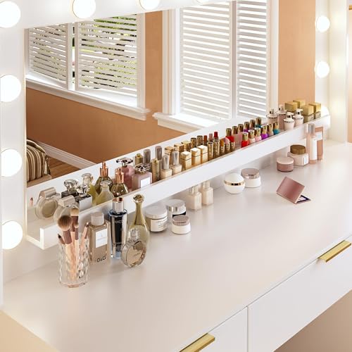 White Vanity Desk with Large Mirror and Lights I322