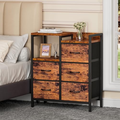 Furnulem 5 Drawer Black Fabric Dresser for Bedroom with Metal Frame D6974