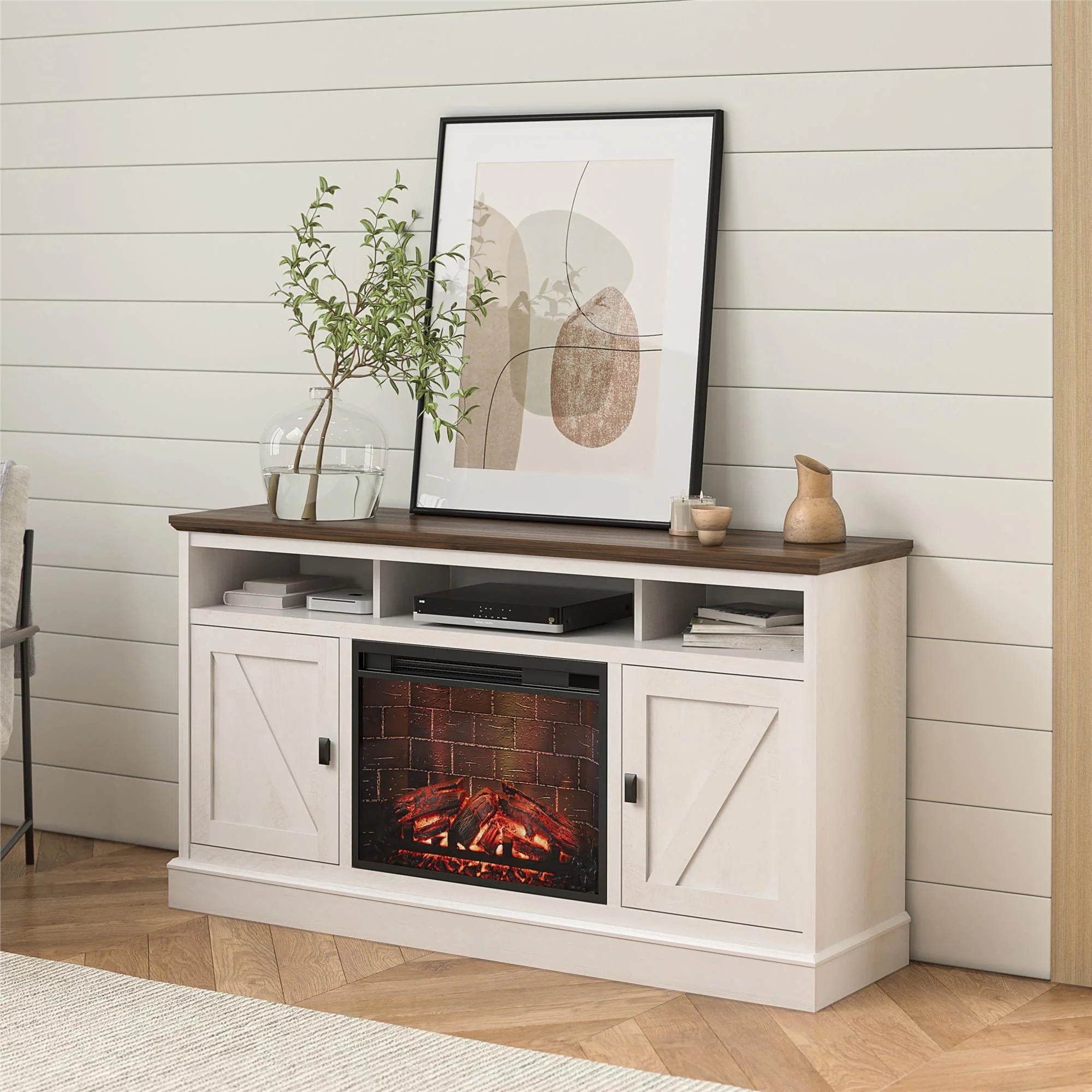 Ameriwood Home Ashton Lane Electric Fireplace TV Stand for TVs up to 65, Black Oak D206311