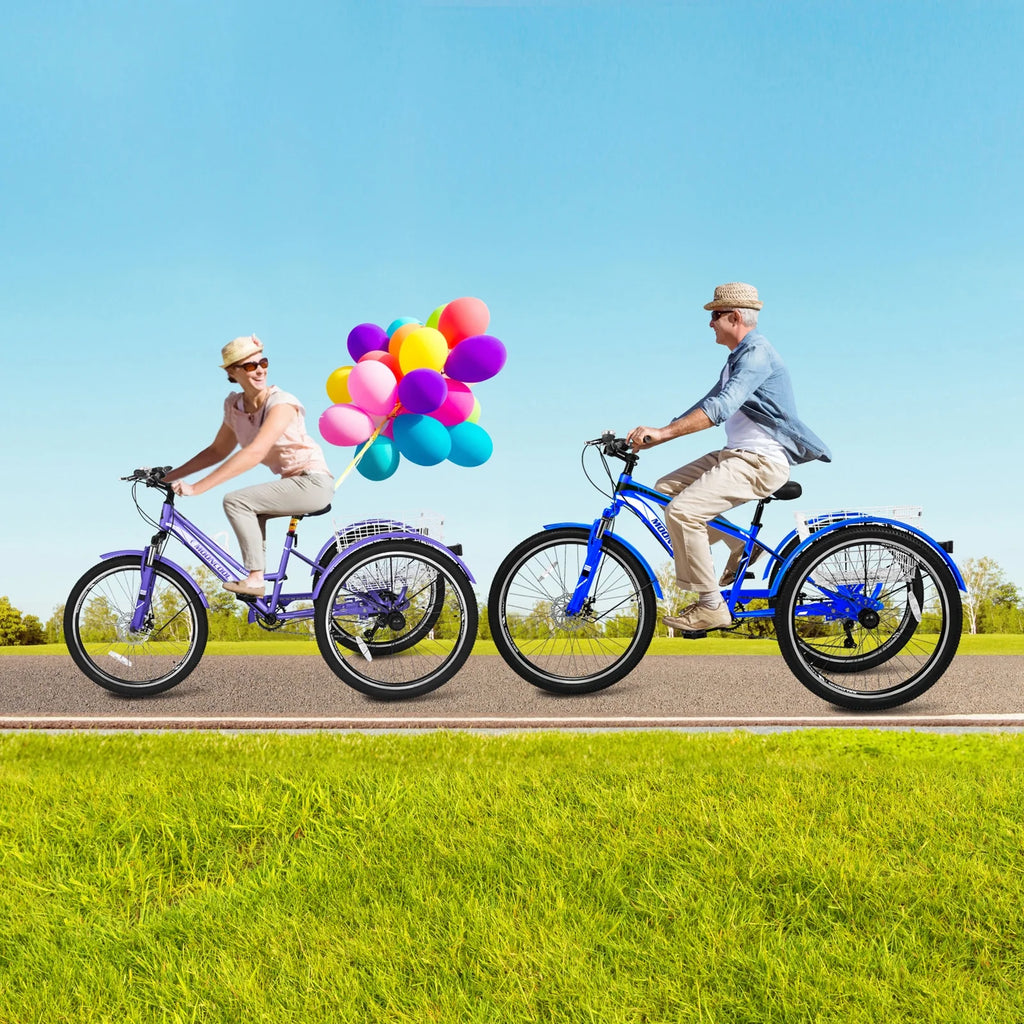 Slsy Mountain Tricycle for Adults, 7 Speed Three Wheel Bike with Cargo Basket I576