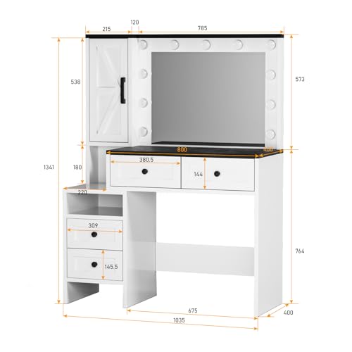 Likein Vanity Desk with Mirror and Lights, White Makeup Dressing Table with 11 Drawers G1478