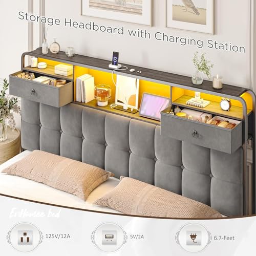 EnHomee King Size Bed Frame with 4 Drawers, Headboard, Charging Station and LED Lights, Grey I310