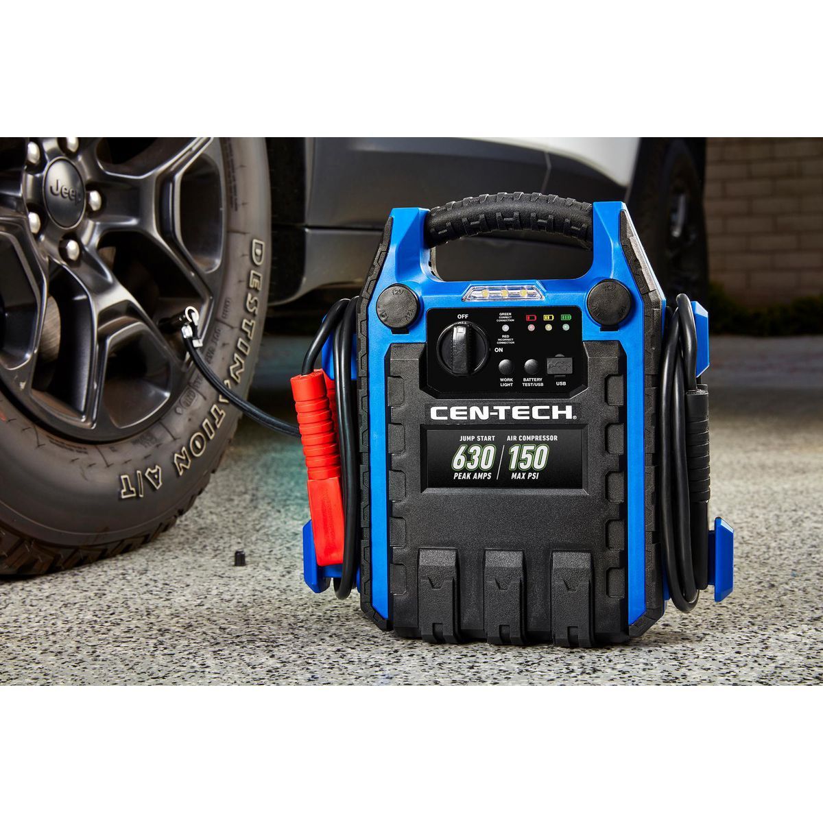 CEN-TECH 630 Peak Amp Portable Car Jump Starter with 150 PSI Air Compressor V5860