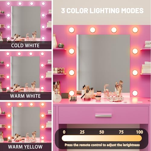 Furmax Vanity Desk with Mirror, LED Lights and Power Outlet, White O83814