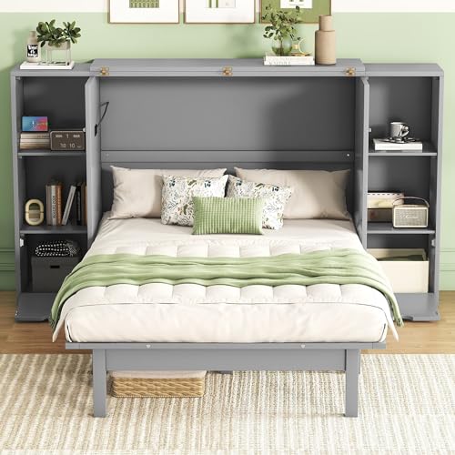 Queen Size Murphy Wall Bed with Storage and Bookcase Headboard, Solid Wood, White F901