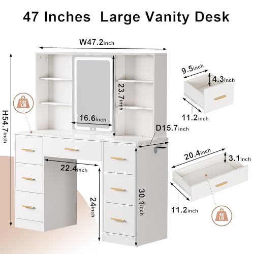 Large Vanity Desk with Mirror and Lights, 7 Drawers, White T162772