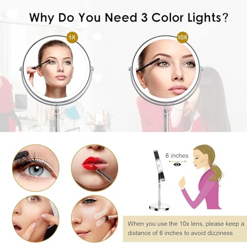 Lighted Makeup Mirror, Rechargeable Double Sided Magnifying Vanity Mirror, 3 Colors, 1x/10x F7514