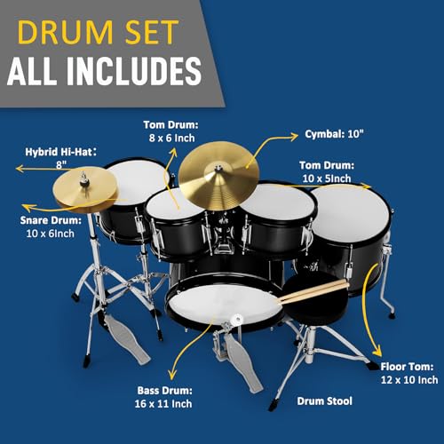 Ktaxon 5-Piece Junior Drum Set with Throne, Pedal & Drumsticks, Black Y61267