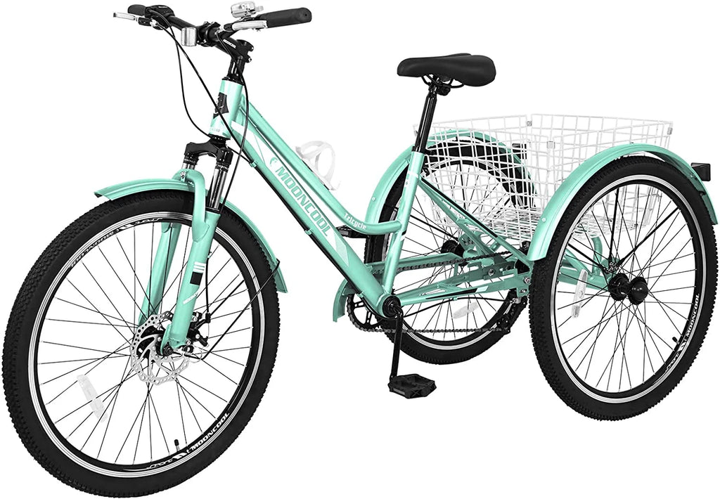 Slsy Mountain Tricycle for Adults, 7 Speed Three Wheel Bike with Cargo Basket I576