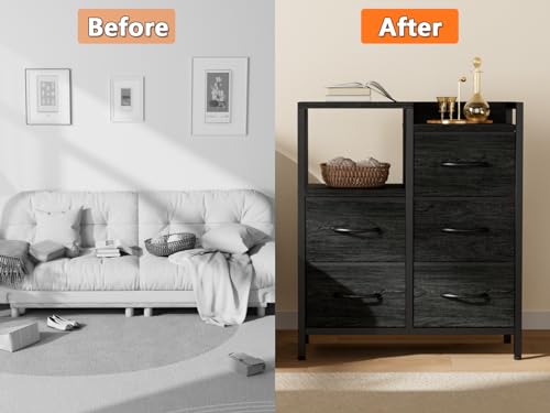 Furnulem 5 Drawer Black Fabric Dresser for Bedroom with Metal Frame D6974