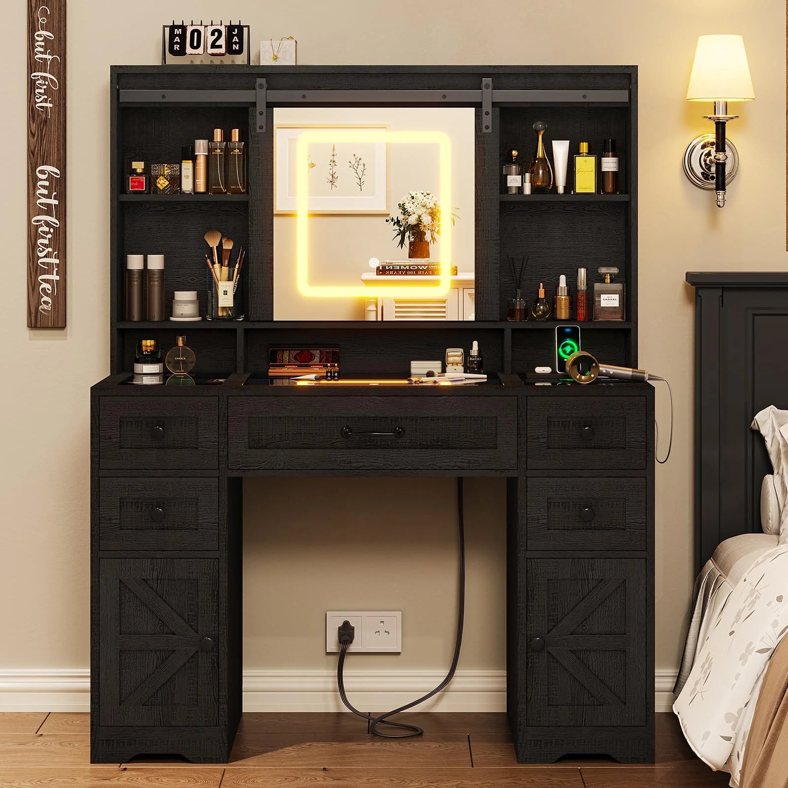 Afuhokles Vanity with Lighted Mirror and Charging Station, Black J3271