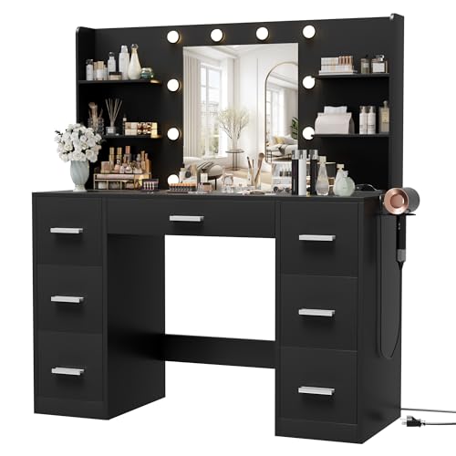 Furmax Vanity Desk with Mirror, LED Lights and Power Outlet, White O83814