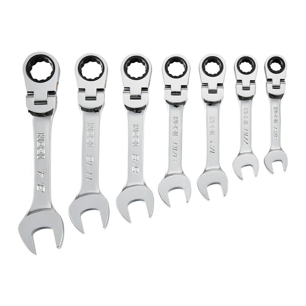 ICON Professional Stubby Flex Head SAE Ratcheting Combination Wrench Set, 7-Piece