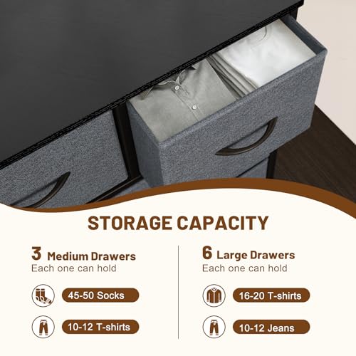 9 Drawer Dresser for Bedroom, Charcoal Black Fabric Storage Chest K84969