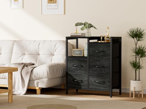 Furnulem 5 Drawer Black Fabric Dresser for Bedroom with Metal Frame D6974