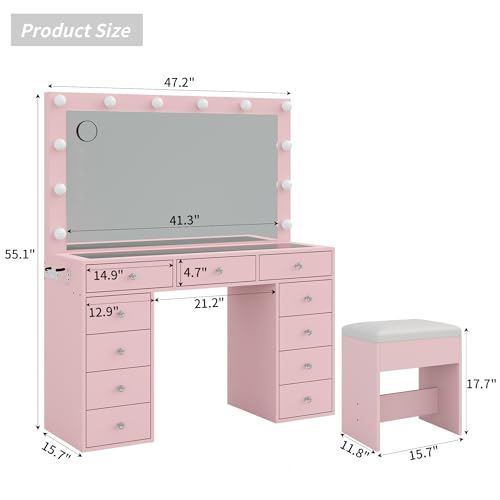 Vanity Desk with Power Outlet, LED Mirror, 11 Drawers and Chair, White H391193