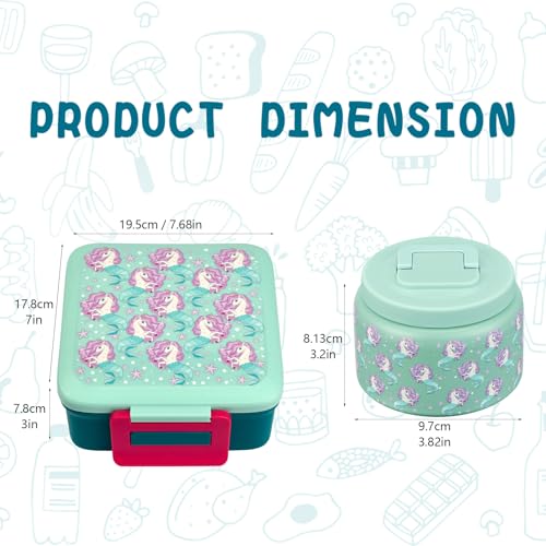 Bento Lunch Box for Kids with 5 Compartments and Thermos, Blue Dinosaur G749