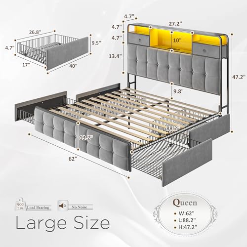 EnHomee King Size Bed Frame with 4 Drawers, Headboard, Charging Station and LED Lights, Grey I310