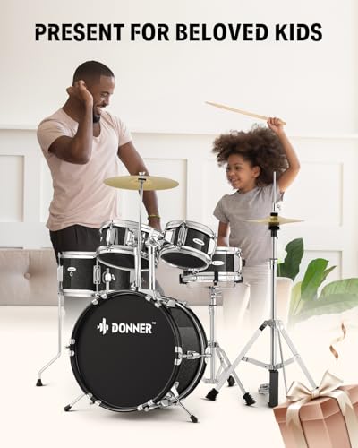Donner 5-Piece Kid Drum Set for Beginners, 14 Inch Full Size, Metallic Black H8038