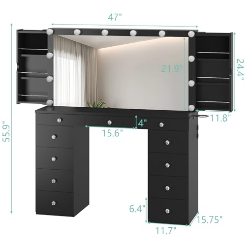 Likein Vanity Desk with Mirror and Lights, White Makeup Dressing Table with 11 Drawers G1478