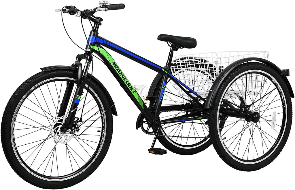 Slsy Mountain Tricycle for Adults, 7 Speed Three Wheel Bike with Cargo Basket I576